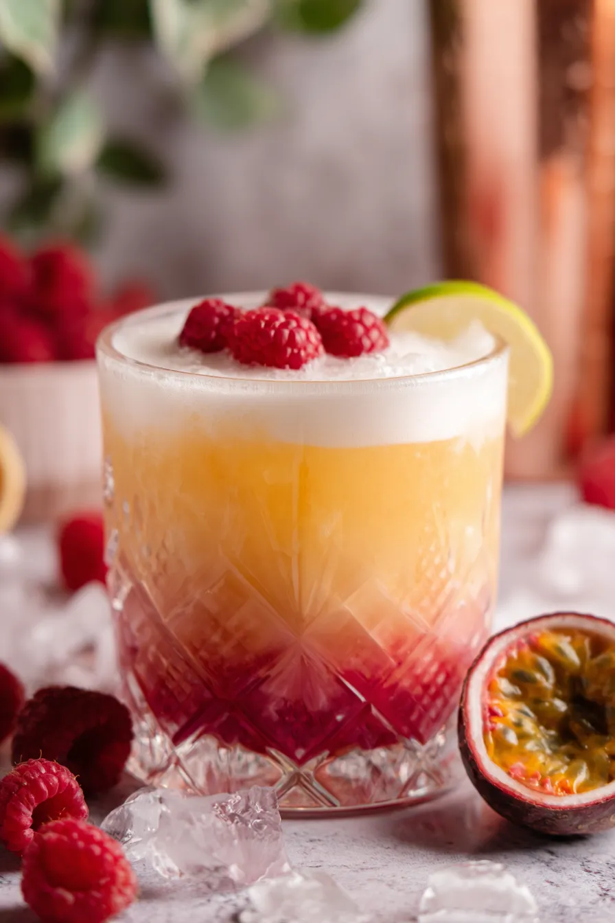 Raspberry Passionfruit Tequila Sour in coupe glass with raspberries