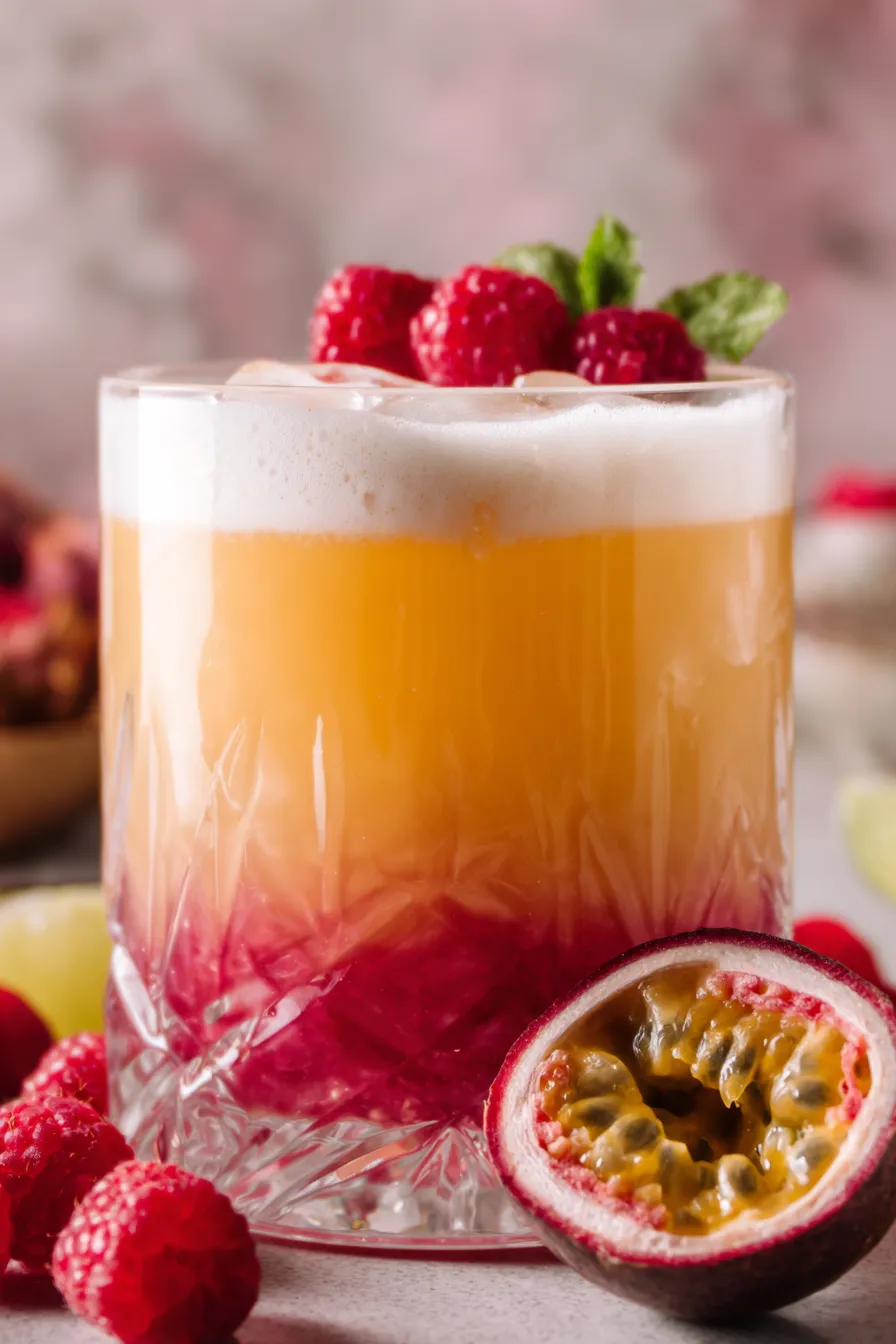 Close-up of frothy tequila sour with raspberry garnish