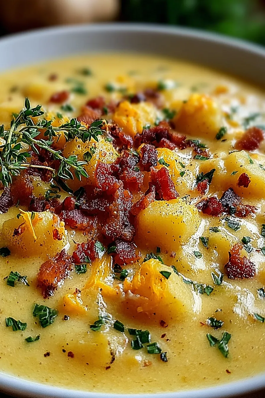 Creamy cheddar garlic herb potato soup in a bowl with herbs