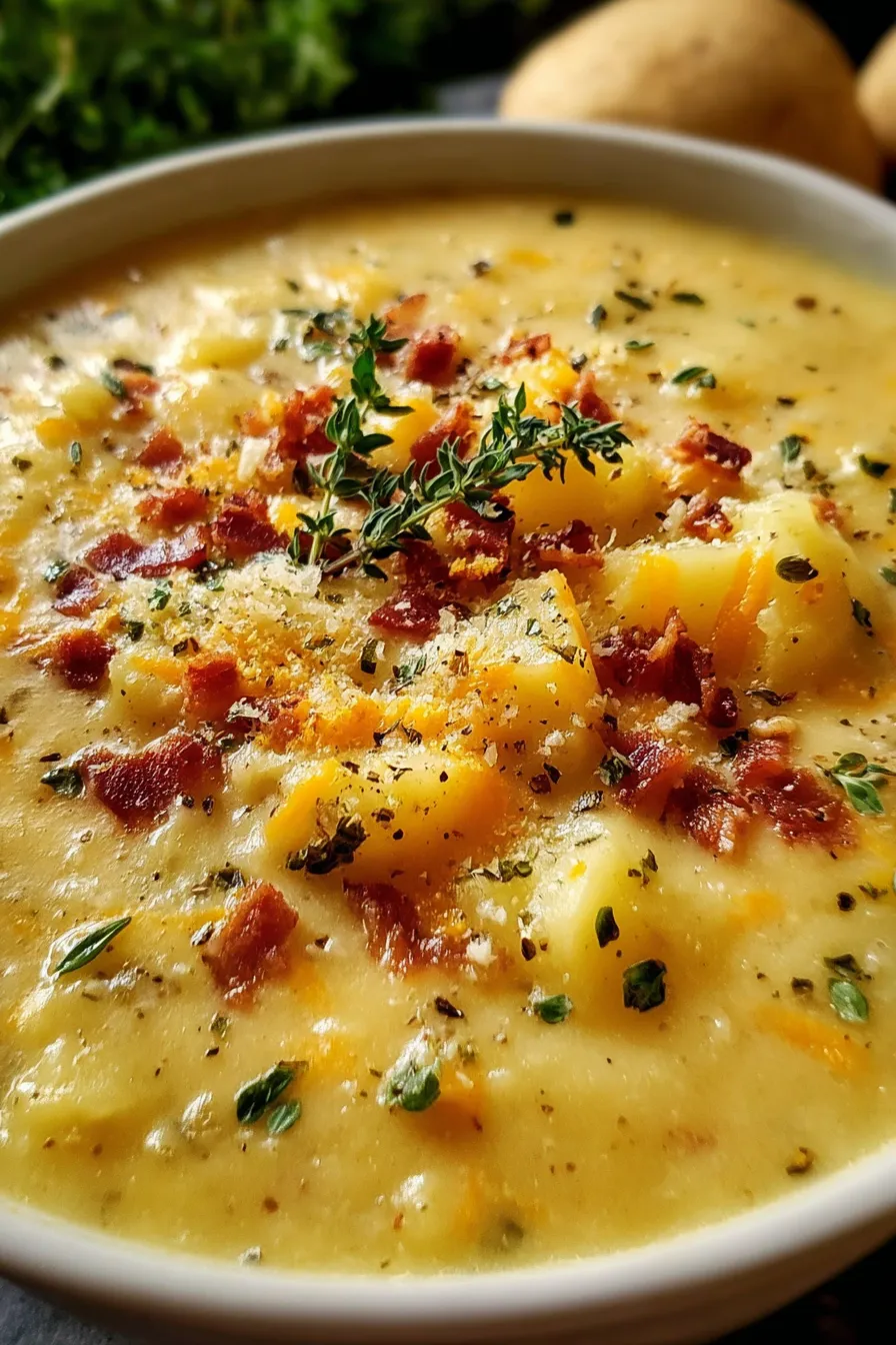 Close-up of ladle scooping potato soup