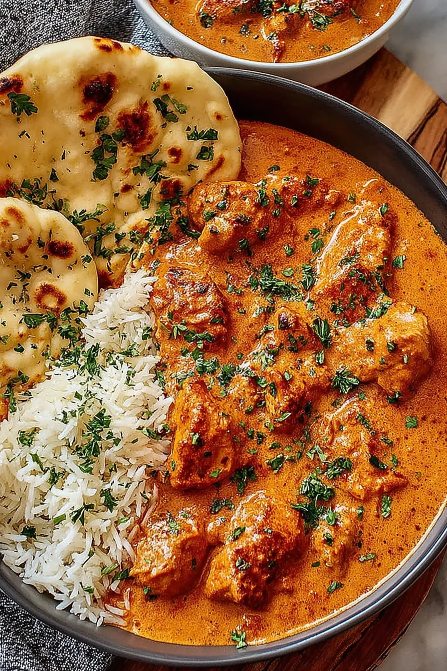 Golden butter chicken in skillet, creamy sauce