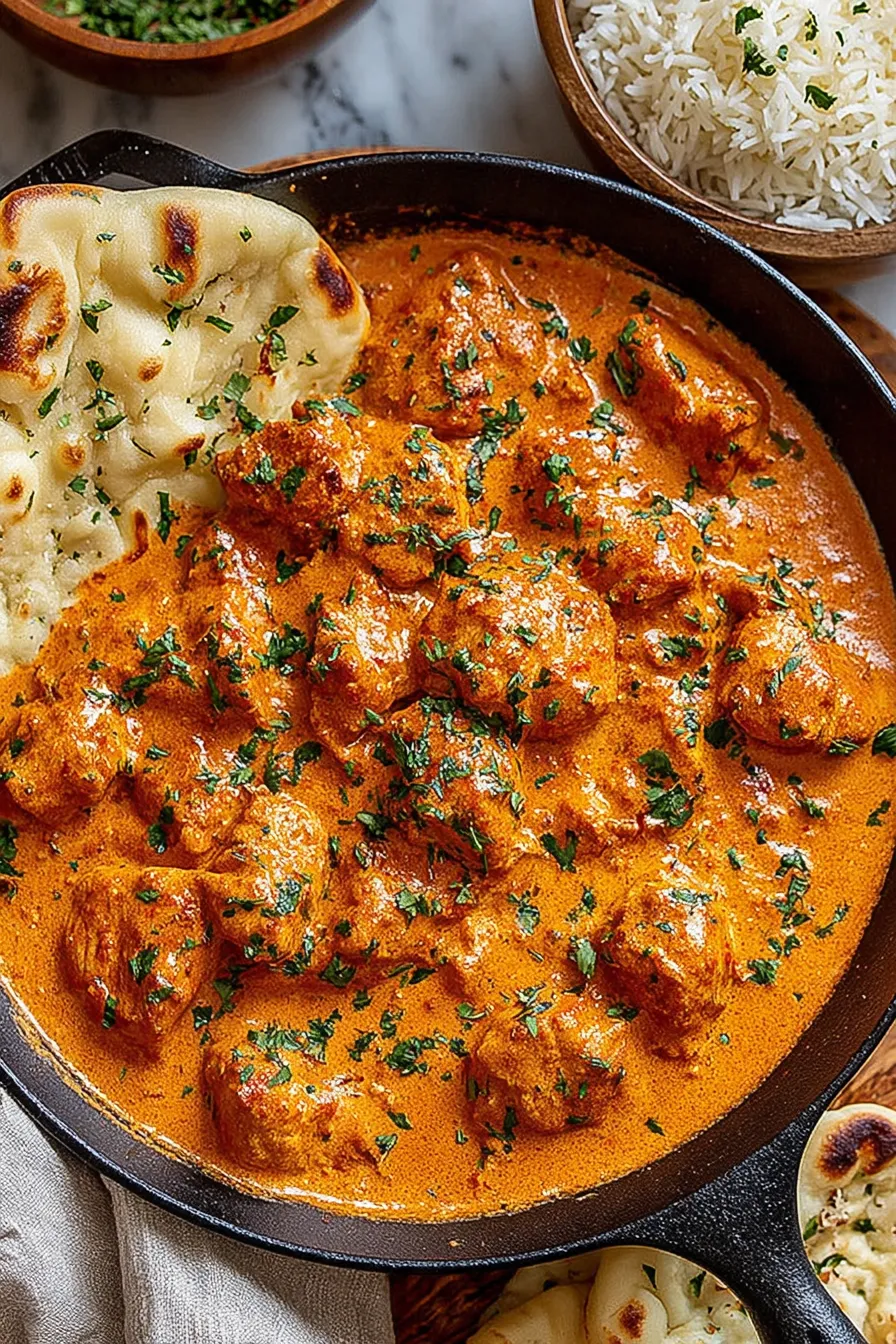 Naan bread and rice served with butter chicken