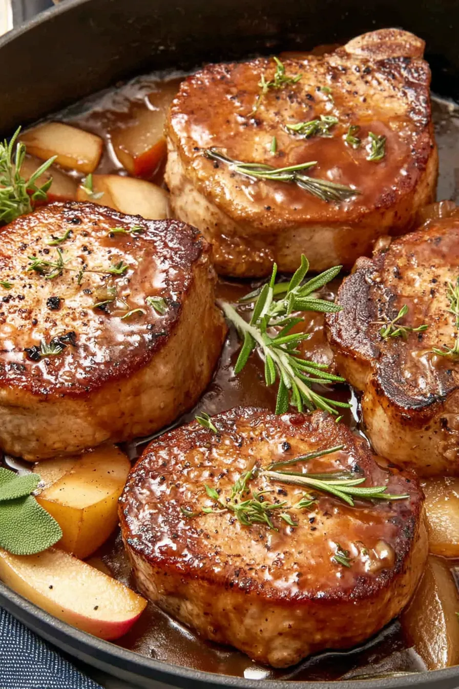Seared pork chops in skillet with apple butter sauce