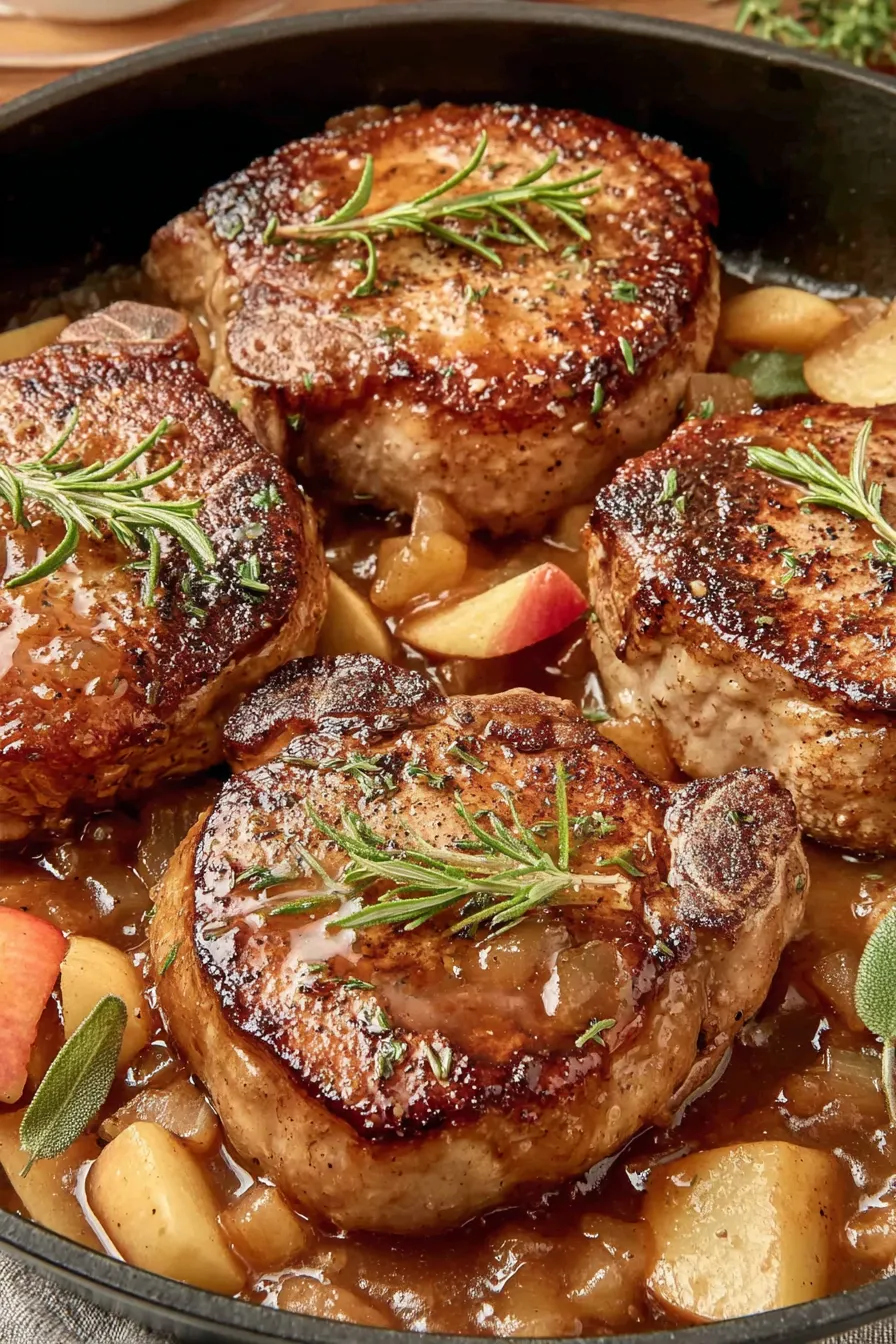 Sauteed apples and onions in skillet beside pork chops