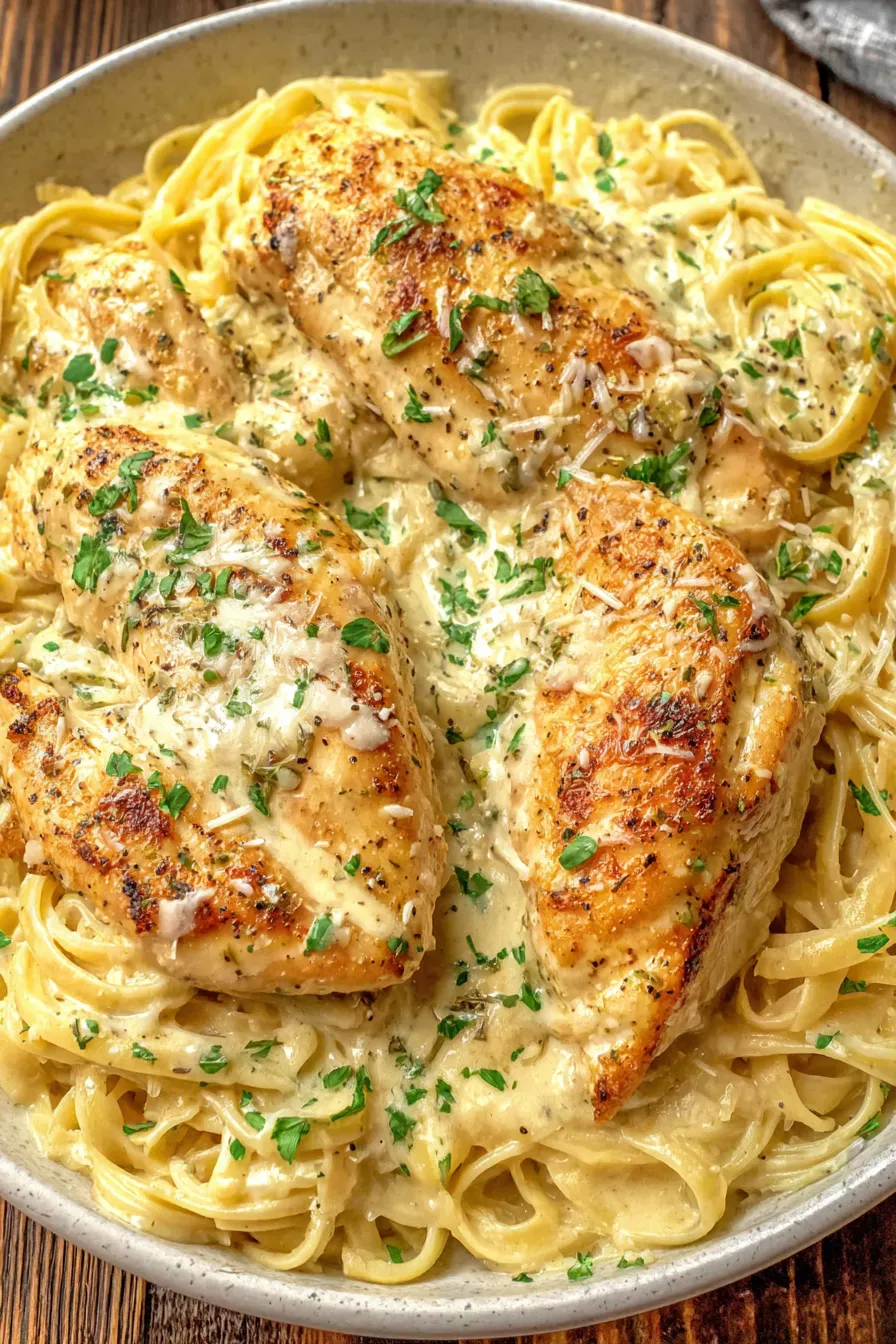 Creamy chicken served over angel hair with parsley