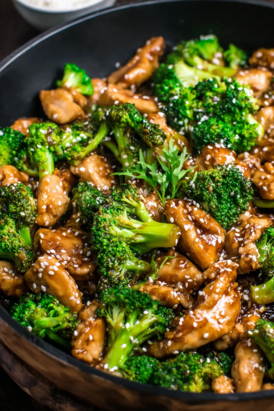 Plated chicken broccoli stir fry with sesame seeds