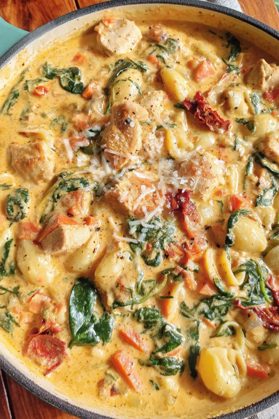 Creamy Marry Me Tuscan Chicken Soup in a bowl with parmesan