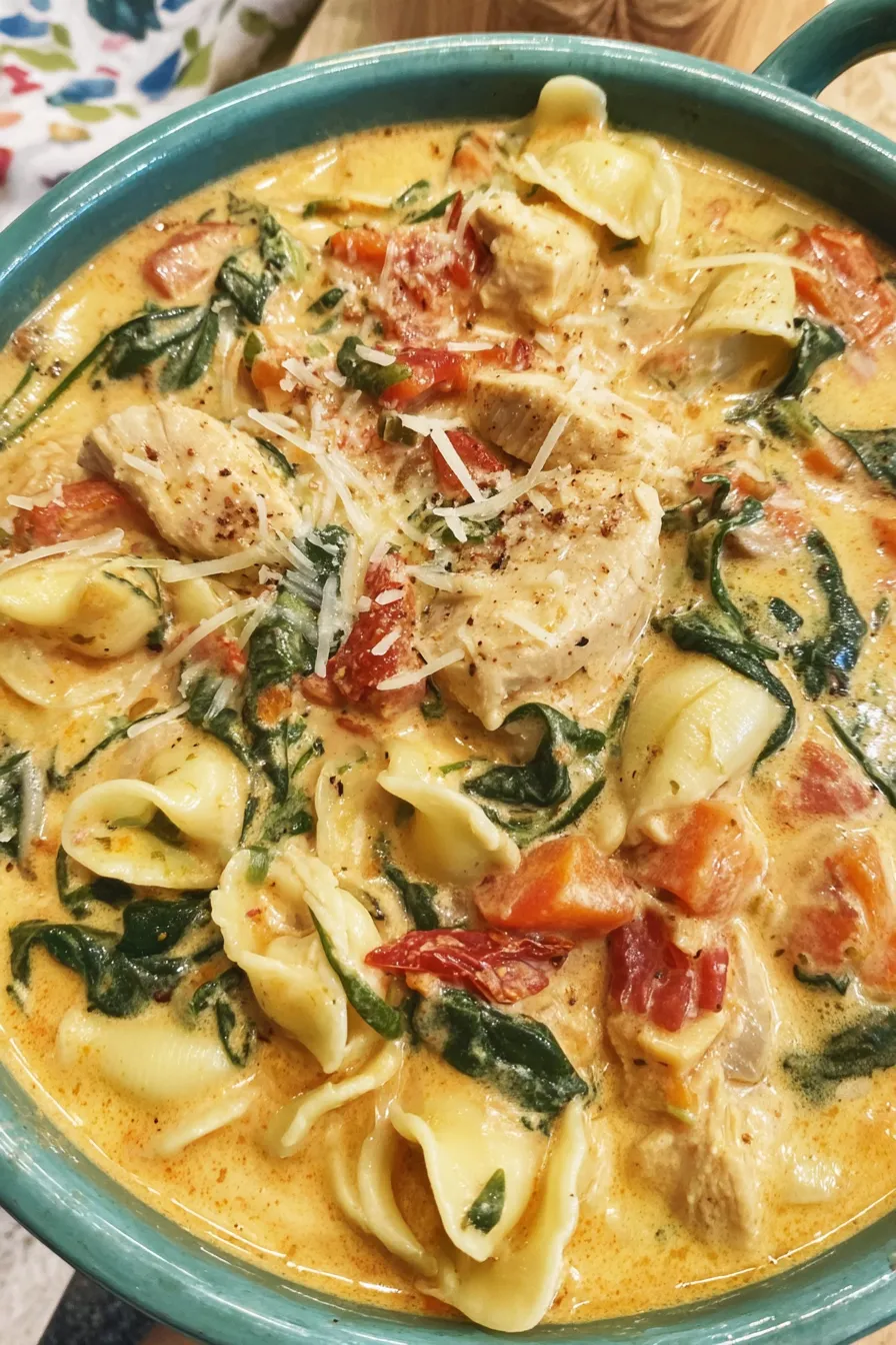 Bowl of Tuscan chicken soup with spinach and parmesan garnish
