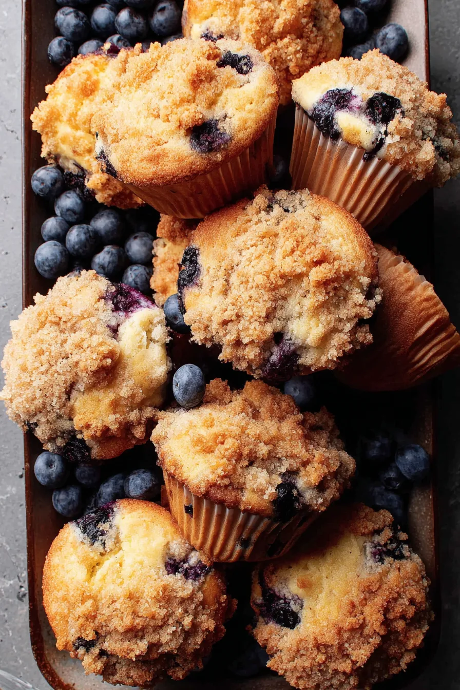 Freshly baked blueberry crumble muffins cooling on a rack