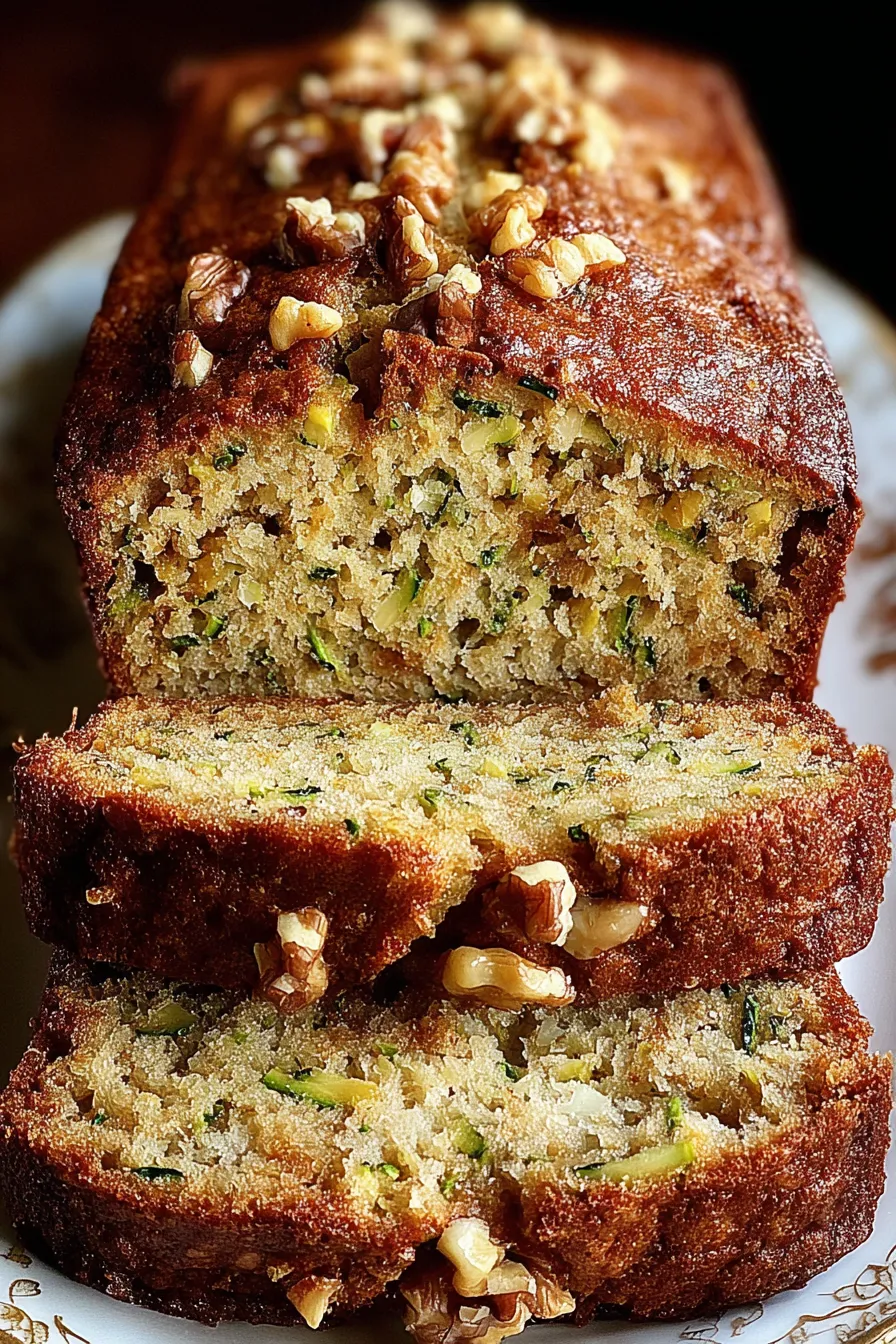 Sliced zucchini bread on a wooden board with walnuts nearby