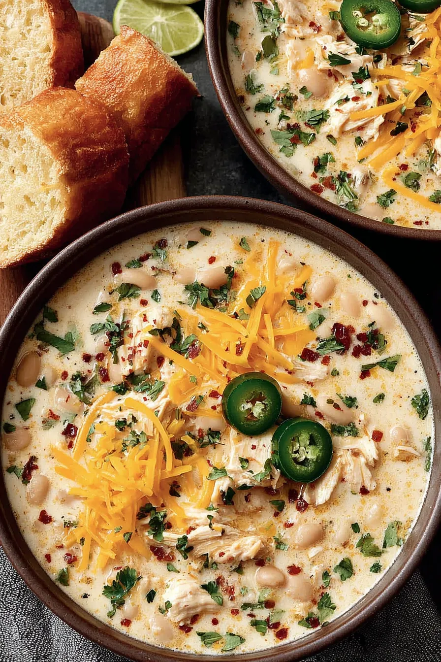 Bowl of white chicken chili garnished with cilantro and lime wedge