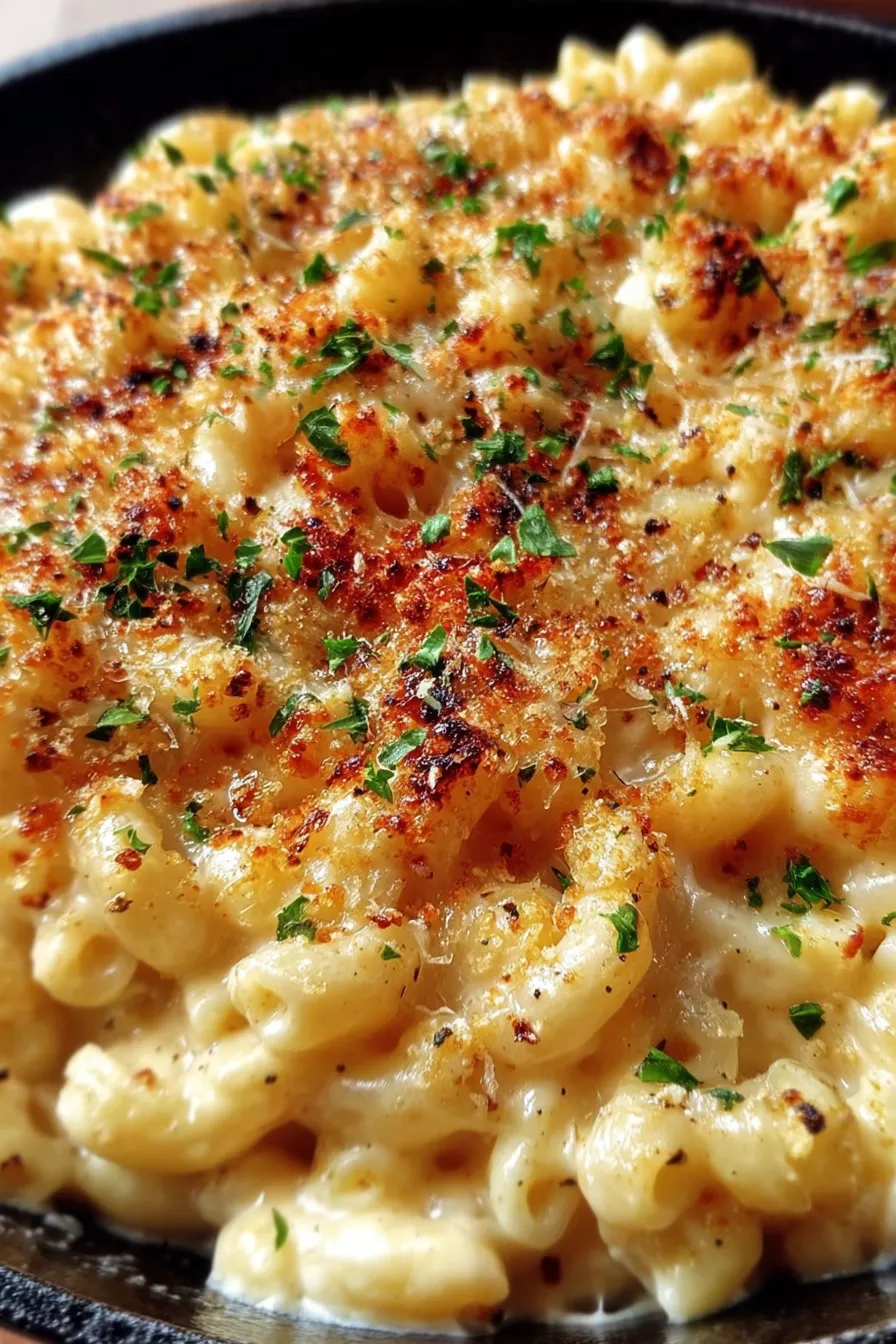 Serving stovetop mac and cheese with garnish