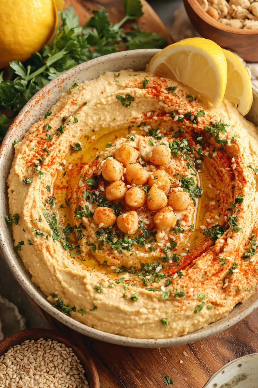 Bowl of garlic free hummus drizzled with olive oil