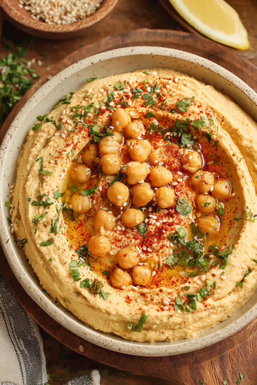 Hummus served with pita and garnish