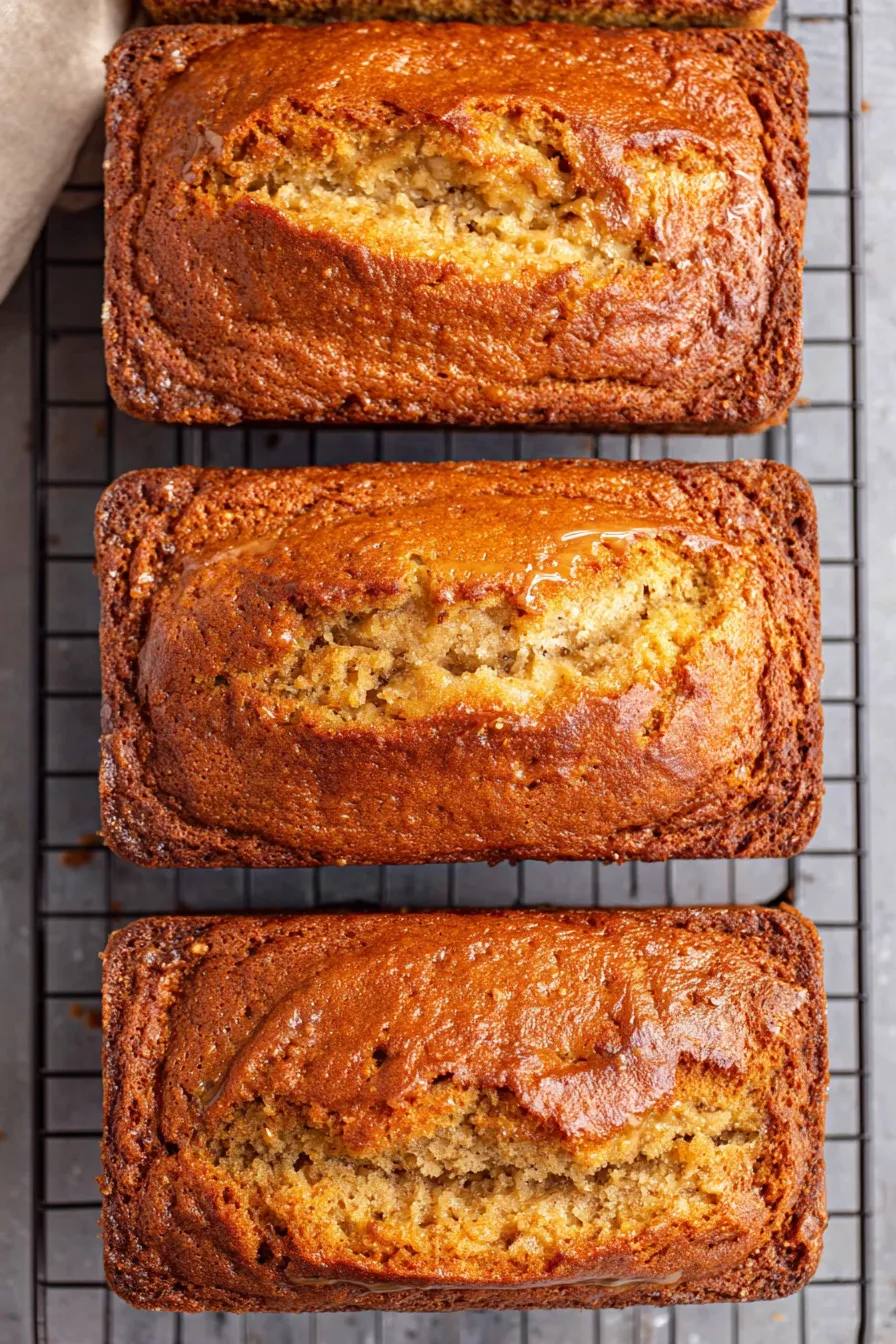 Golden sliced banana bread on a cooling rack