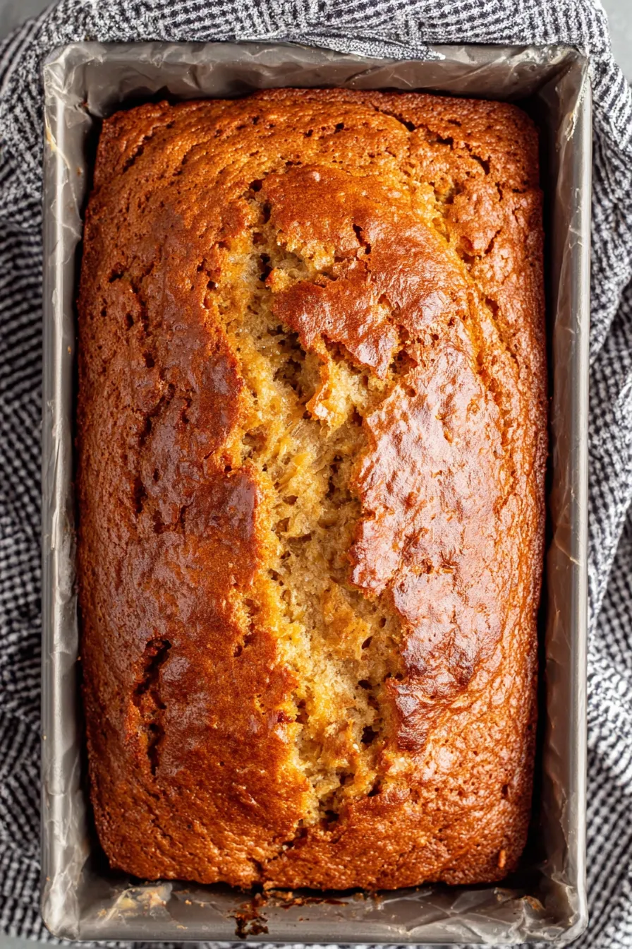 Close-up of loaf showing moist crumb and cinnamon specks