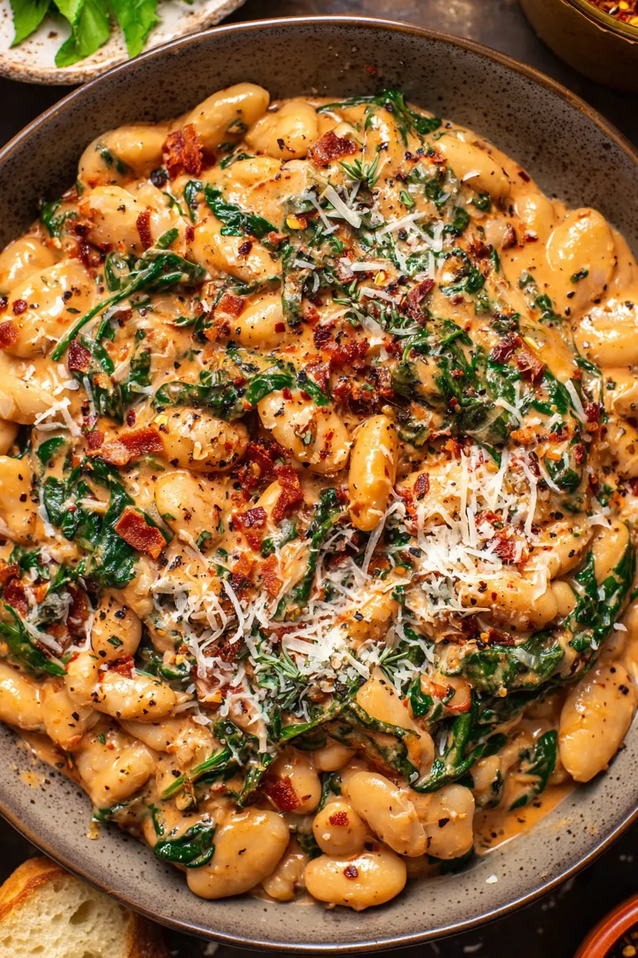 Tuscan butter beans in skillet with spinach and Parmesan