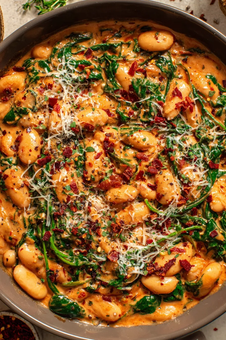 Close-up of creamy butter beans with grated Parmesan