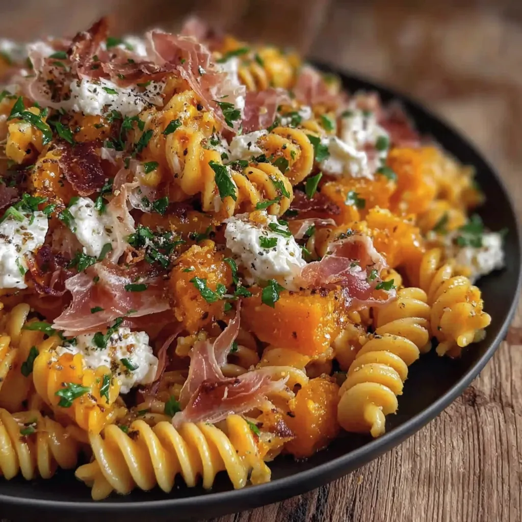 Pumpkin Pasta Salad with Goat Cheese & Crispy Prosciutto