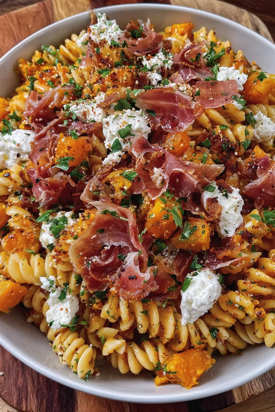 Roasted pumpkin and pasta bowl ready to be mixed
