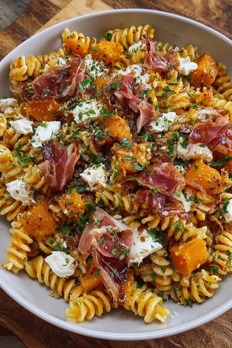 Close-up of crumbled goat cheese and prosciutto shards