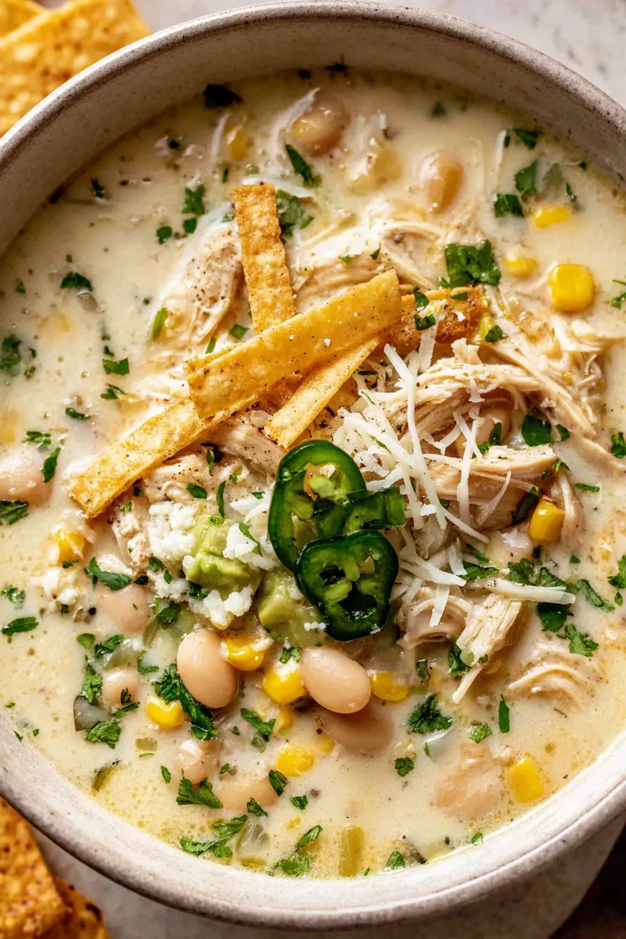 Bowl of creamy white chicken enchilada soup topped with avocado and cilantro