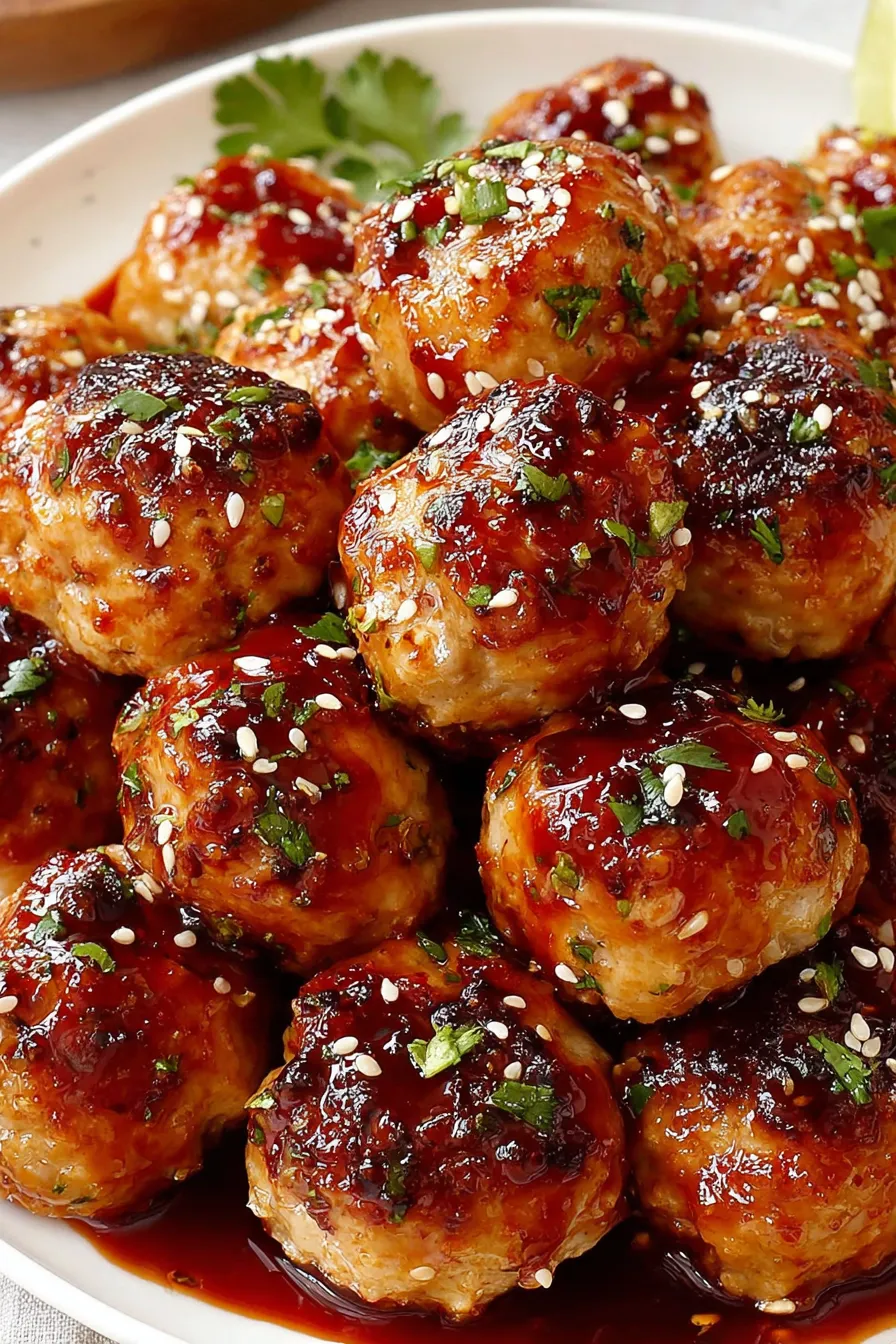 Tray of baked sesame ginger chicken meatballs glazed in sweet chili sauce