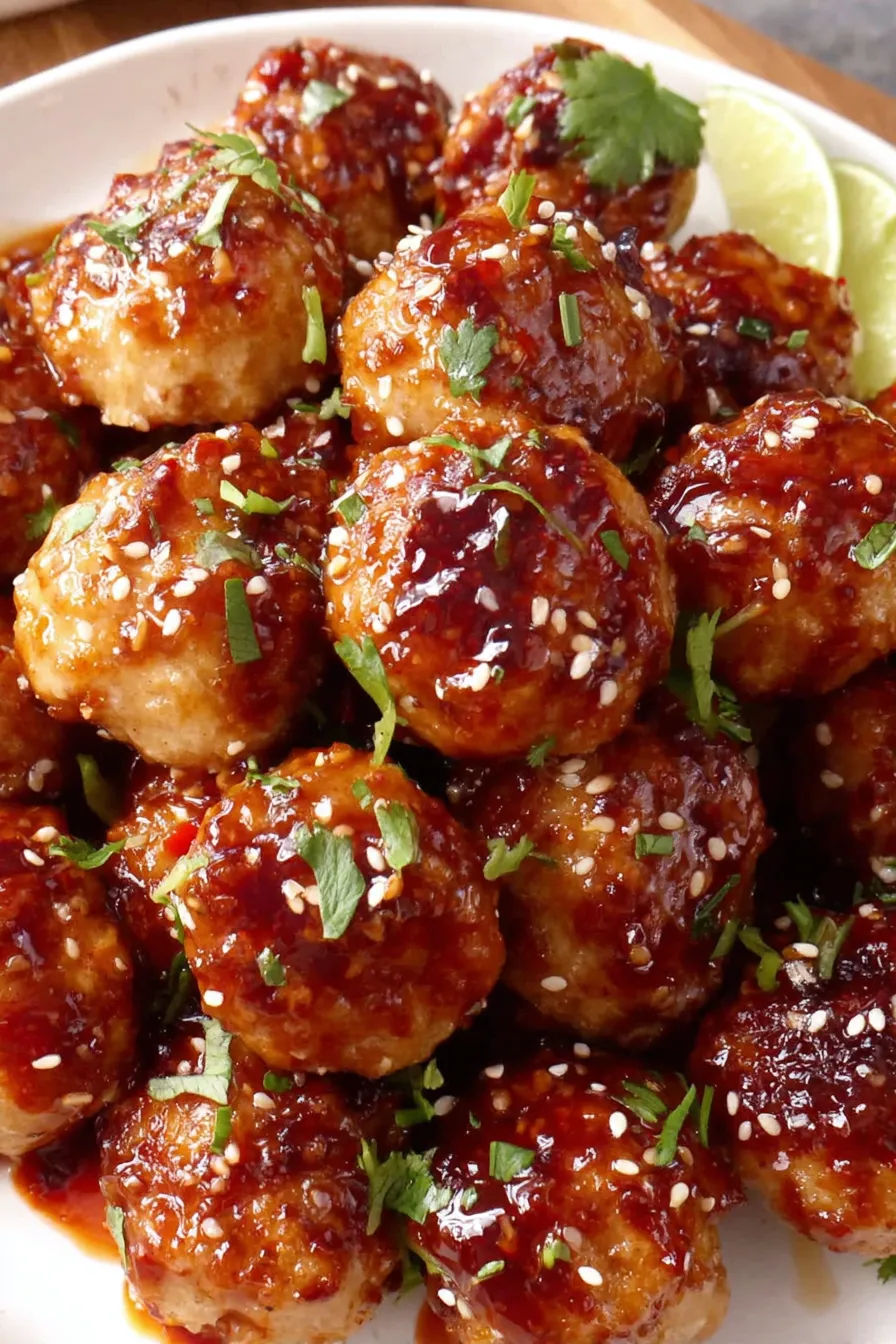 Close-up of glazed chicken meatball with sesame seeds and cilantro garnish