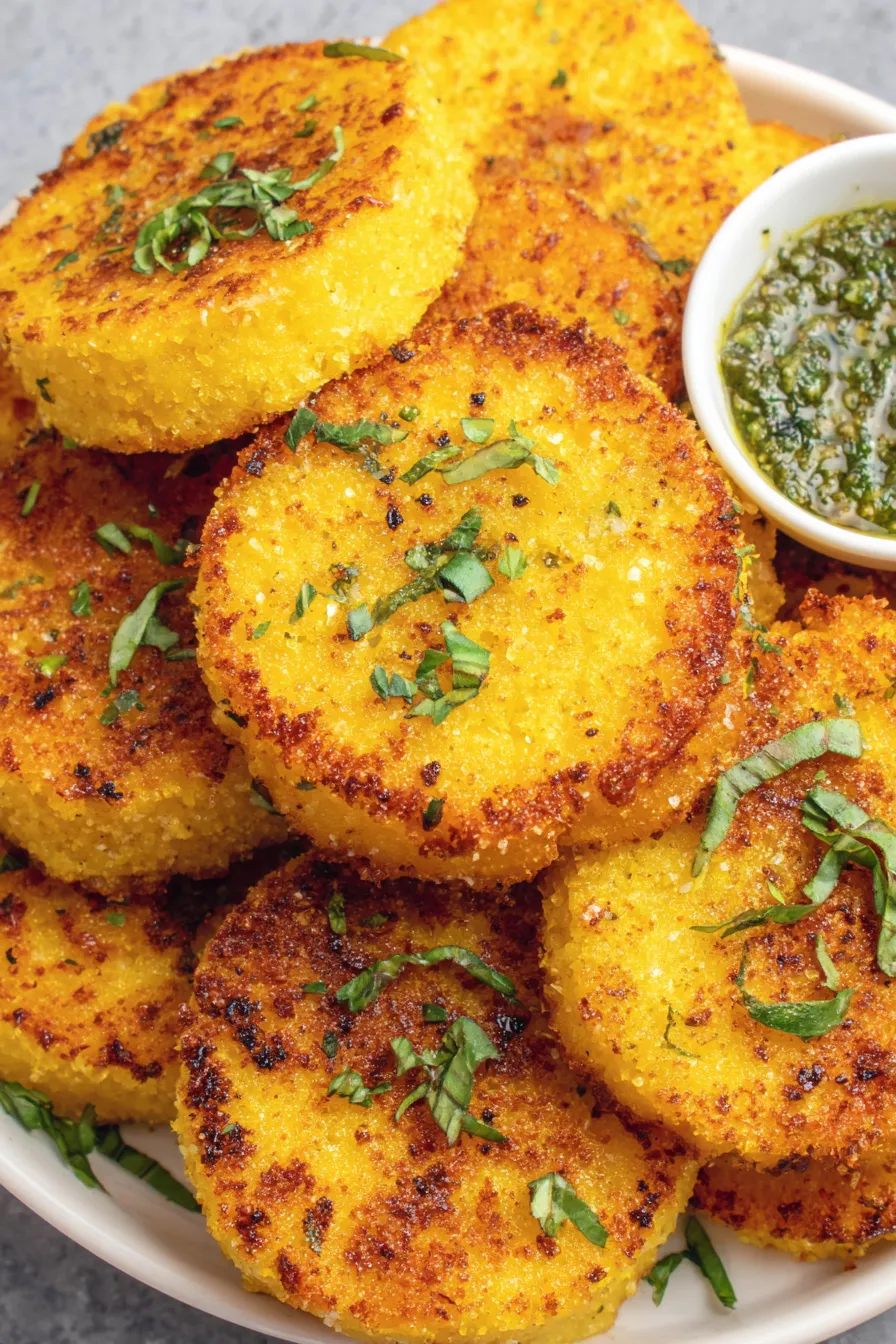 Golden pan fried polenta slices in a skillet