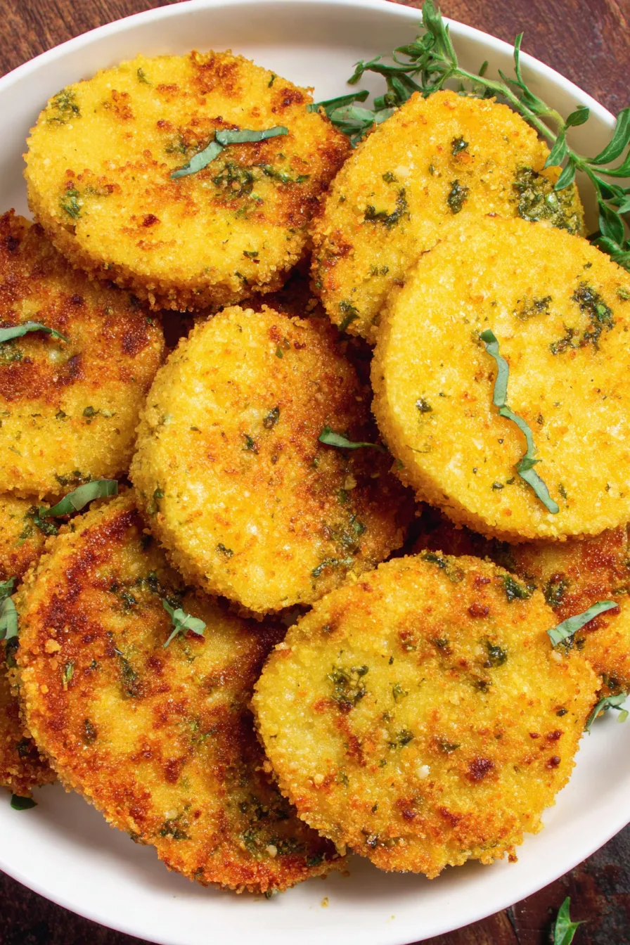 Plated polenta slices with pesto and marinara