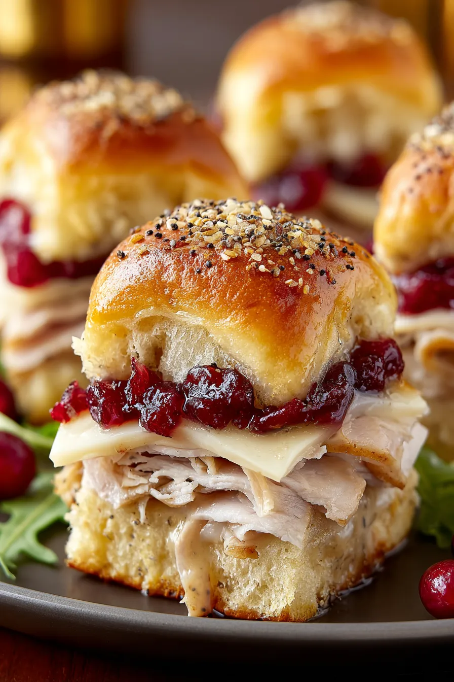 Turkey cranberry sliders in a baking pan with melted cheese