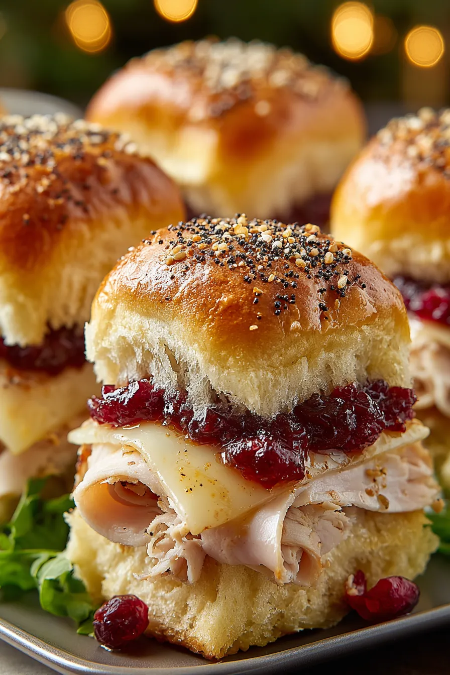 Close-up of a pulled-apart turkey cranberry slider with melted cheese