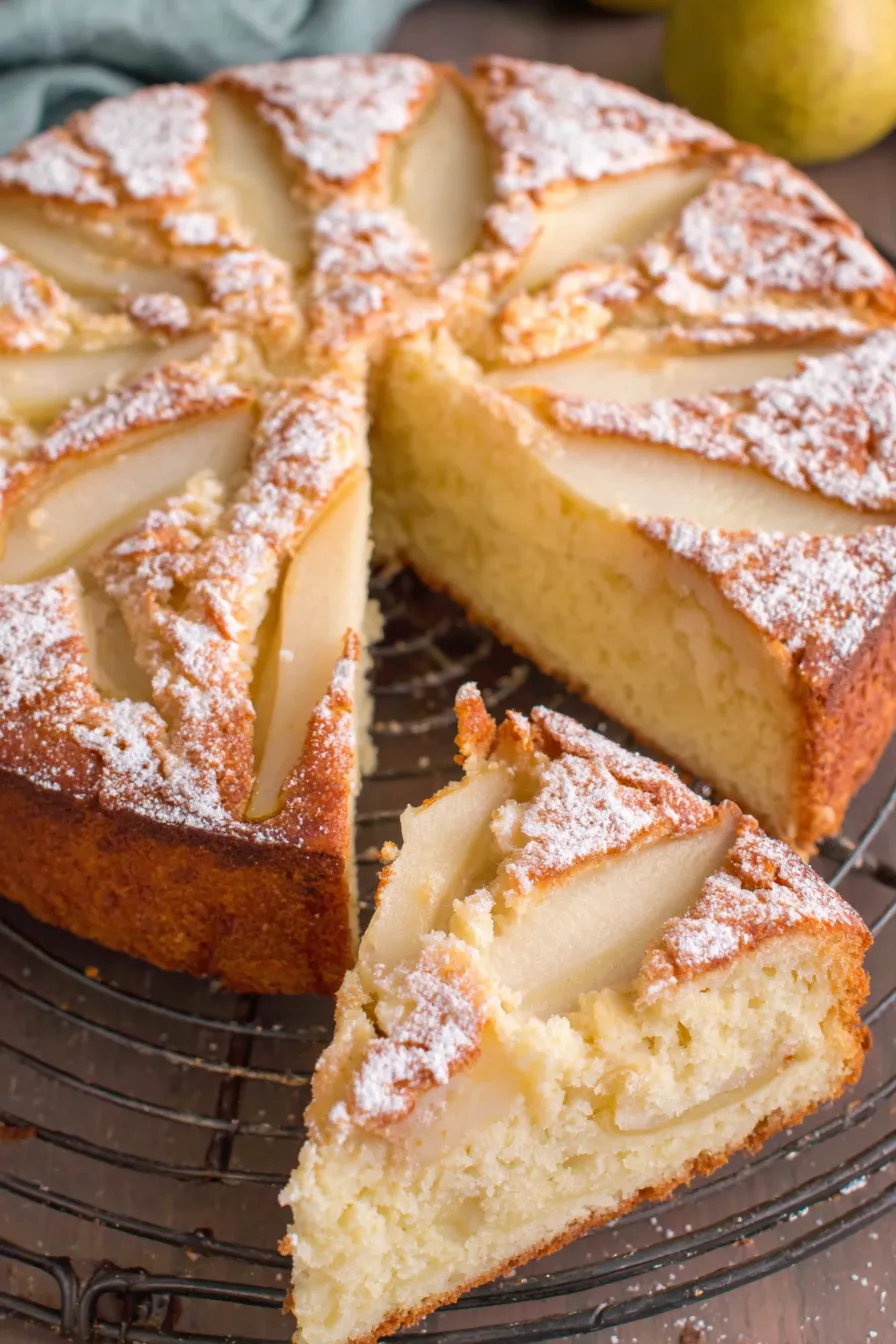 Pear cake fresh from oven with sliced pear topping