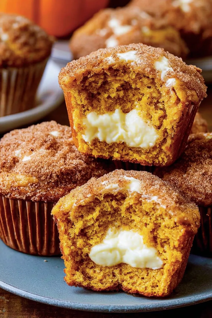 Pumpkin cream cheese muffins cooling on a wire rack