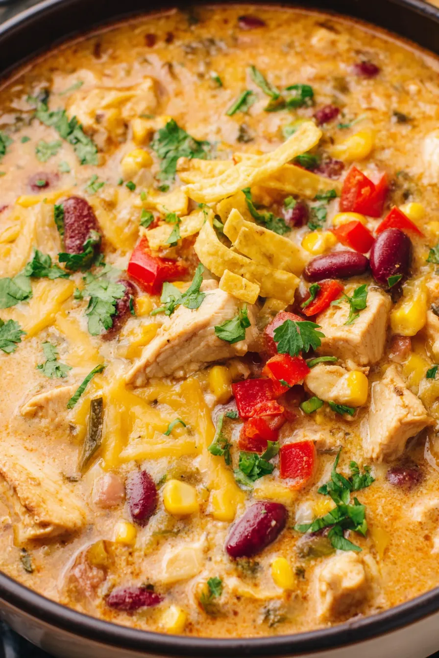 Slow cooker chicken tortilla soup in a bowl with cilantro garnish