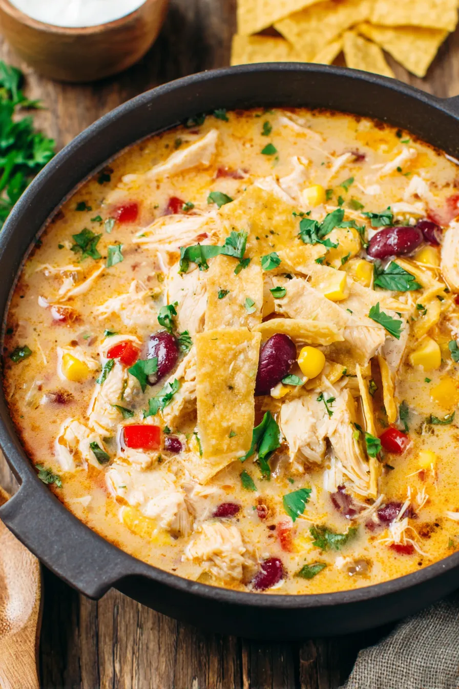 Bowl of chicken tortilla soup with tortilla strips and cilantro