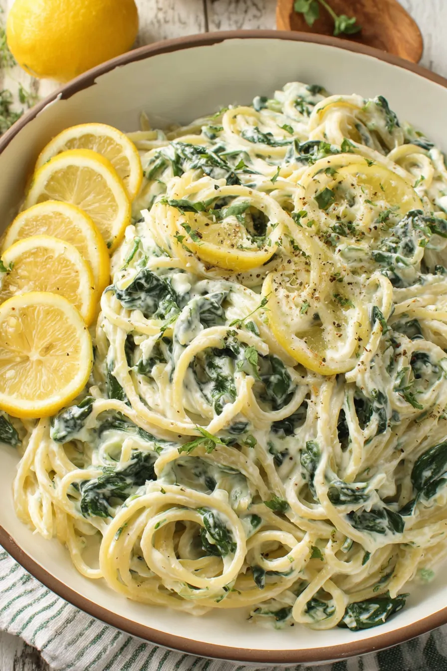 Lemon ricotta pasta with spinach in a white bowl