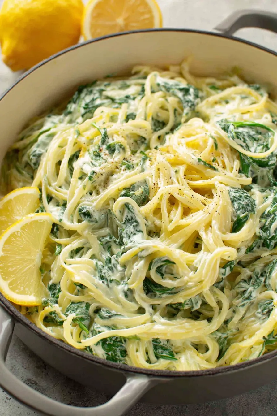 Close up of creamy ricotta-coated pasta with spinach and lemon