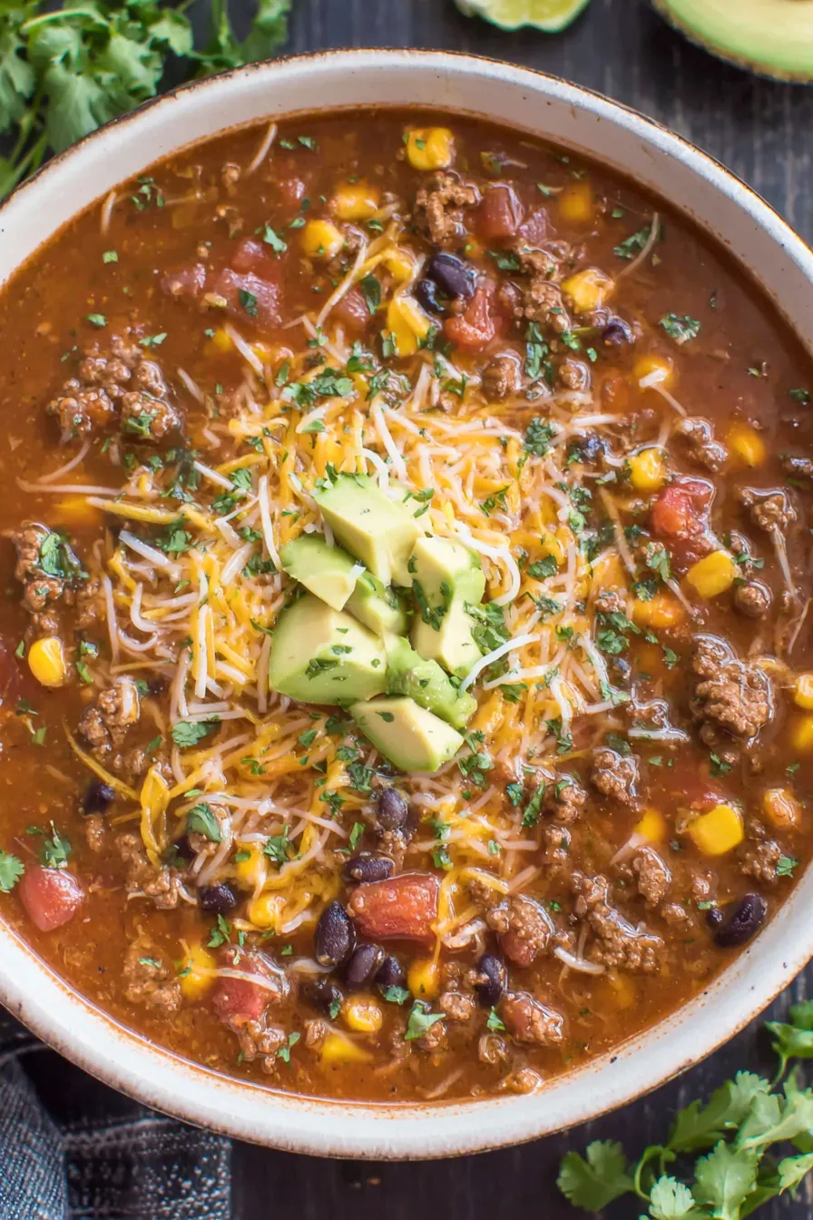 Bowl of beef taco soup topped with avocado and cheese