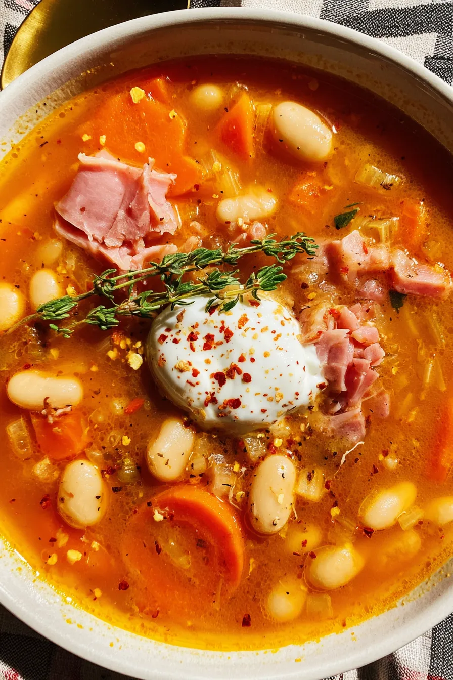 Slow cooker pot of ham and white bean soup with ladle