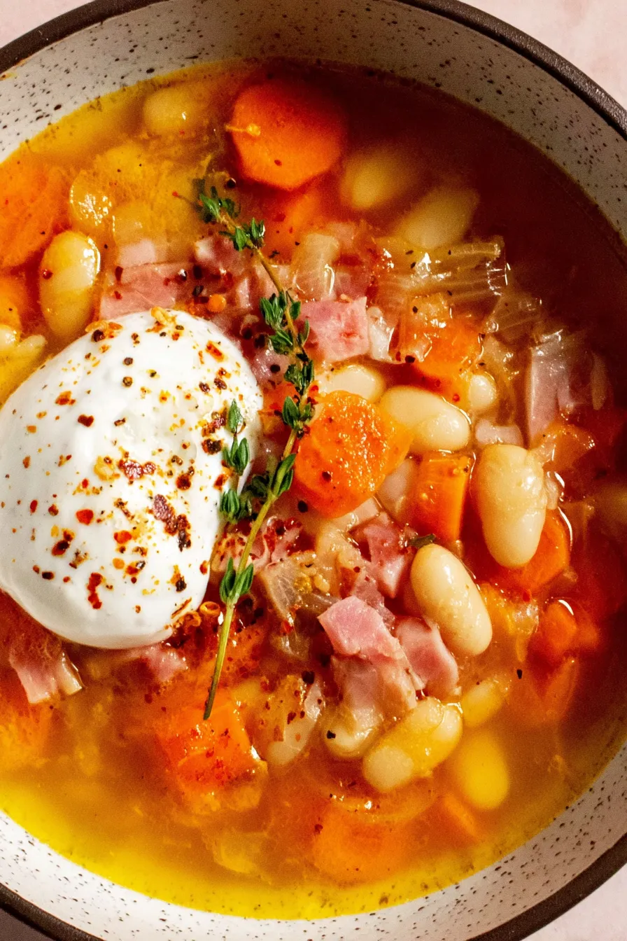 Bowl of ham and white bean soup with garnish
