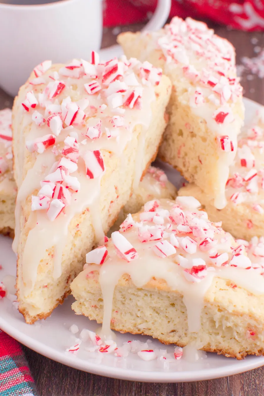 Close-up of freshly baked white chocolate peppermint scones