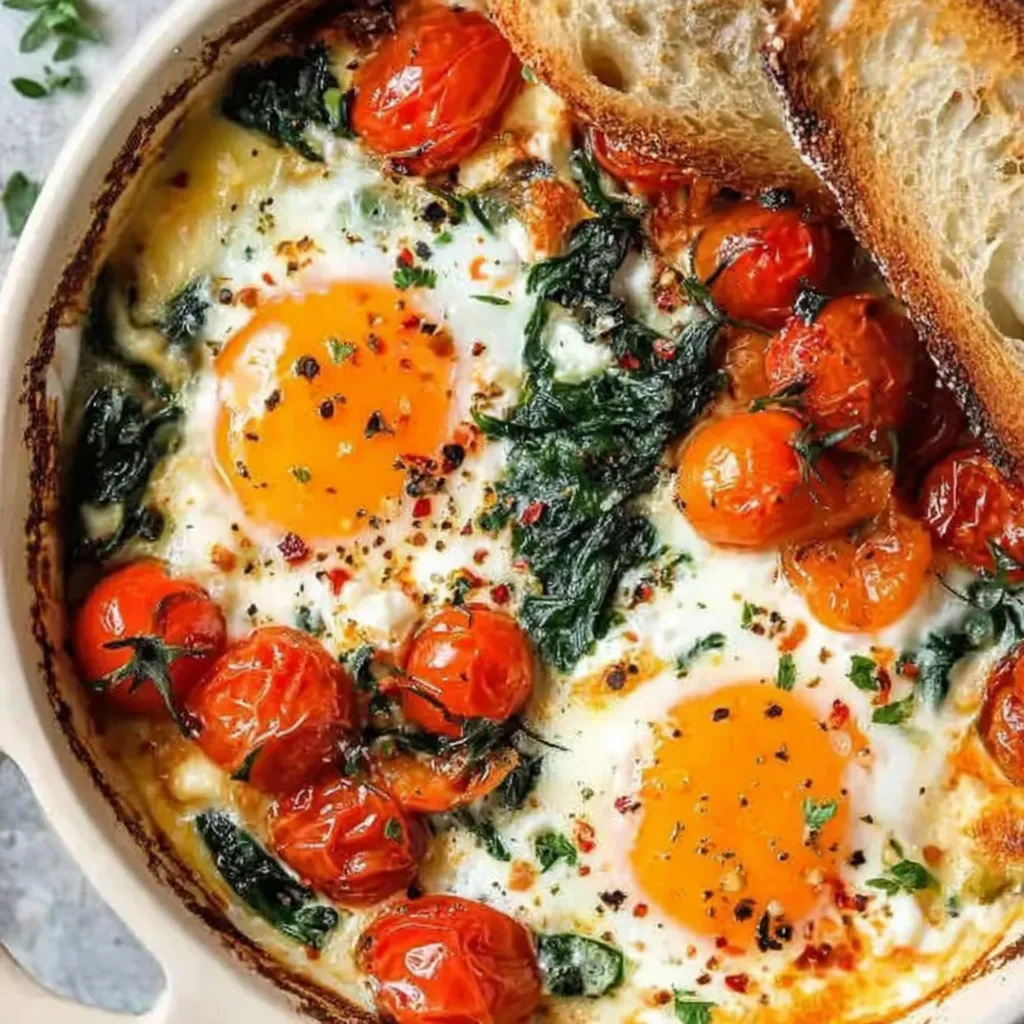 Baked Feta Eggs with Cherry Tomatoes and Spinach