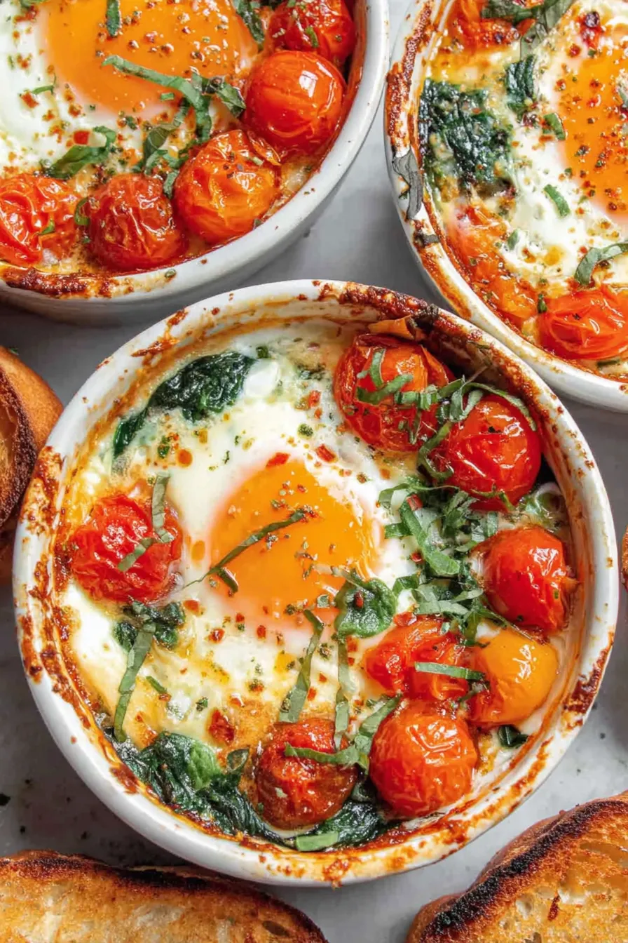 Baked feta with cherry tomatoes and eggs in ramekins