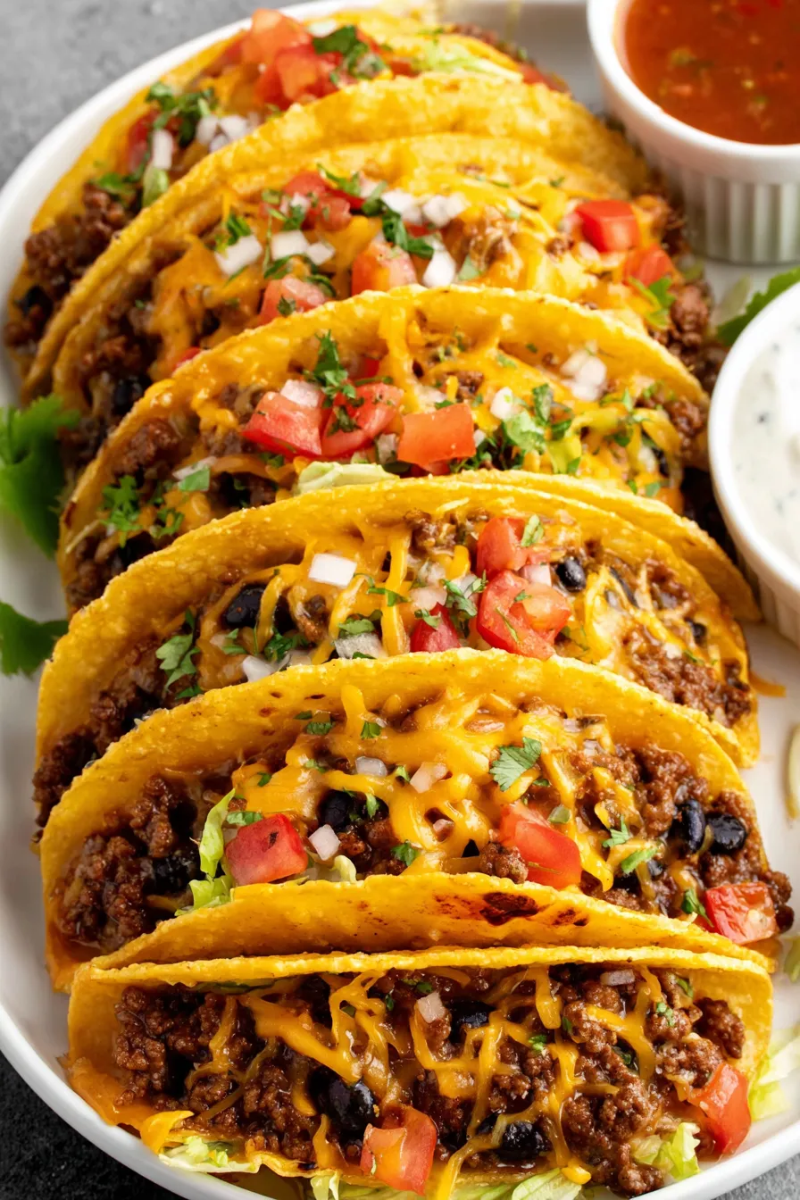 Baked tacos in a 9 x 13 pan with melted cheddar