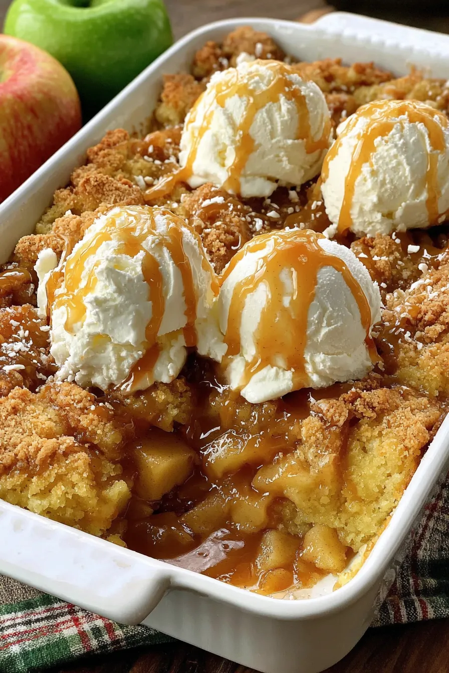 Close-up of caramel apple dump cake fresh from oven