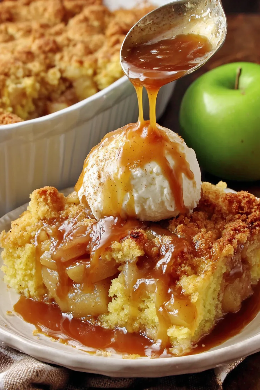 Served slice of caramel apple dump cake with ice cream