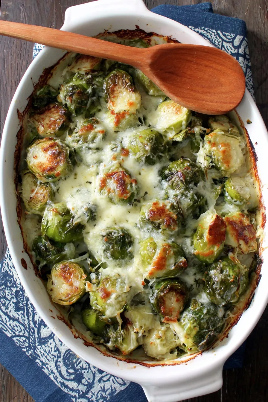 Trimmed halved brussels sprouts in a baking dish