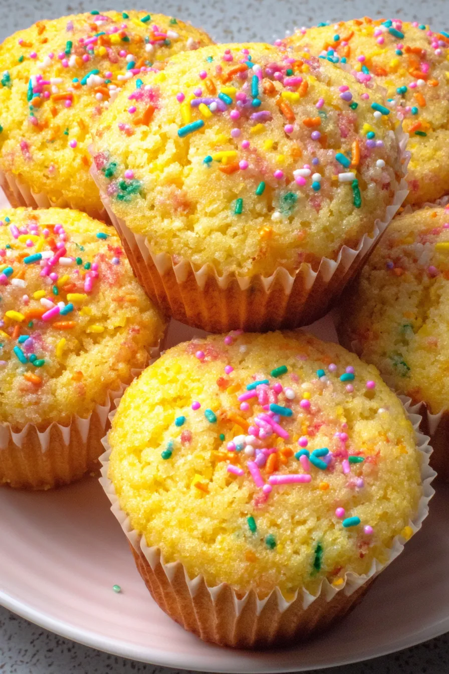 Close-up of sprinkle-speckled cornbread muffin crumb