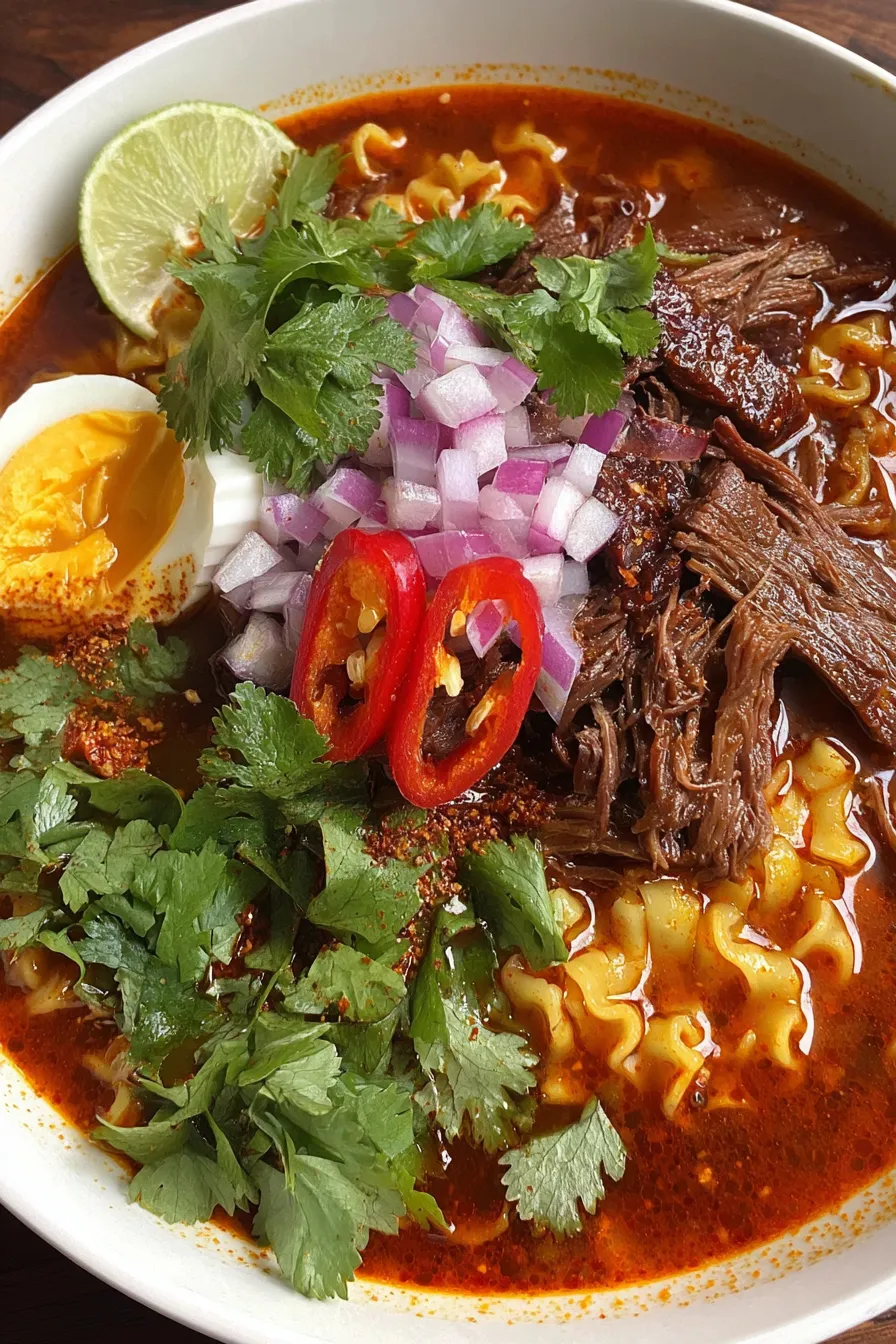 Birria Ramen steamy bowl with cheese